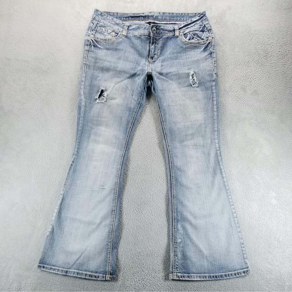 Amethyst Jeans Womens 16 Blue Low Rise Bootcut Distressed Stretch Flap Pockets